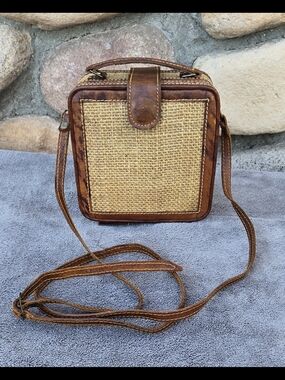 Vintage Leather & Woven Sisal/Jute Square Crossbody Bag – Mini Box Purse Boho.